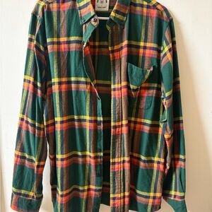 Men’s Green and Orange Plaid Flannel Shirt Button Down Size Large